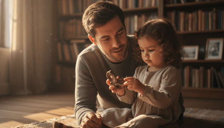 Padre mirando a su hija jugar en un ambiente cálido, simbolizando la inversión y el ahorro para la educación universitaria.
