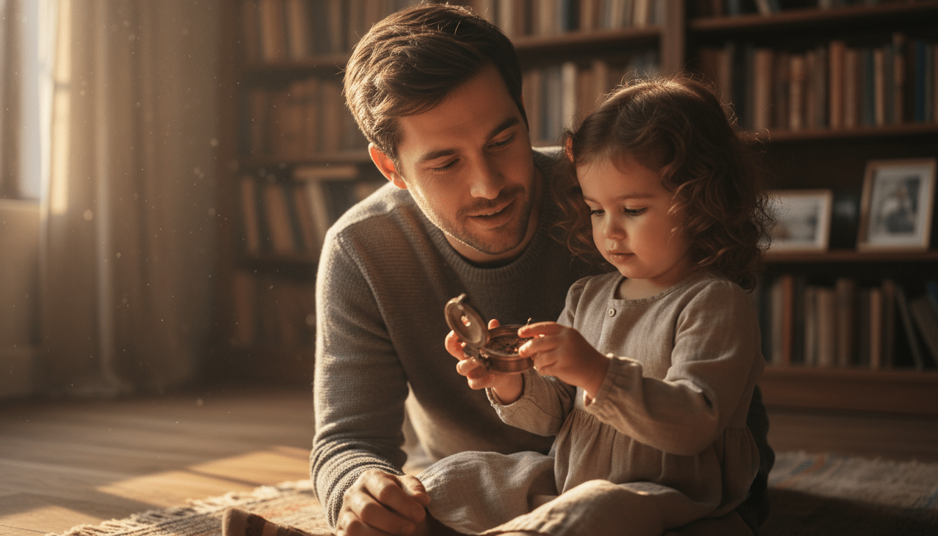 Padre mirando a su hija jugar en un ambiente cálido, simbolizando la inversión y el ahorro para la educación universitaria.