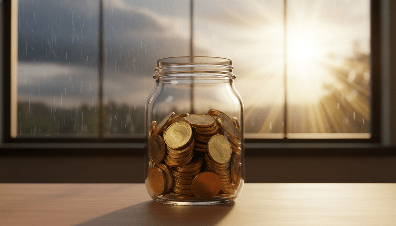 Frasco de cristal con monedas de oro en un escritorio moderno representando el ahorro para freelancers en la economía gig.