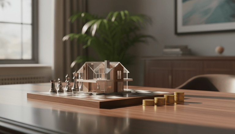Concepto visual de estrategia financiera comparando una casa en miniatura y monedas de oro sobre un tablero de ajedrez.