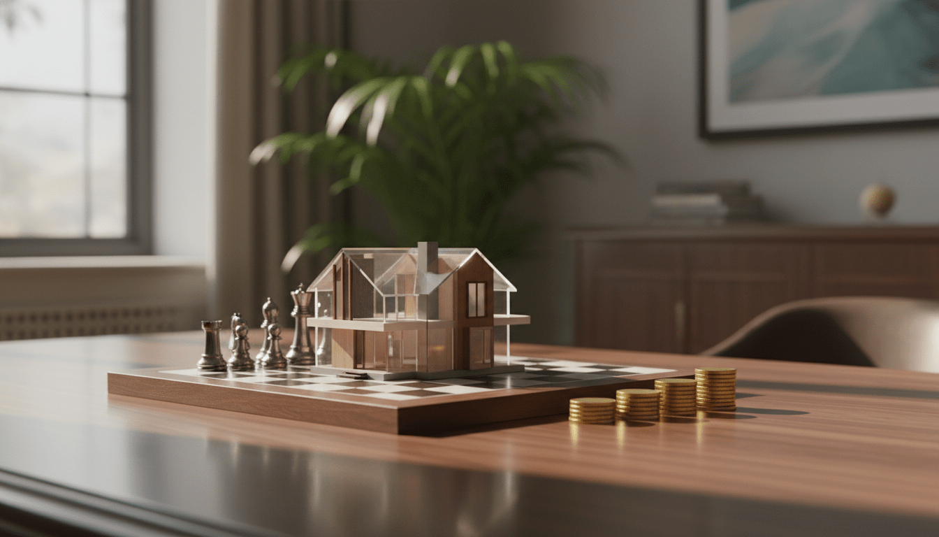 Concepto visual de estrategia financiera comparando una casa en miniatura y monedas de oro sobre un tablero de ajedrez.