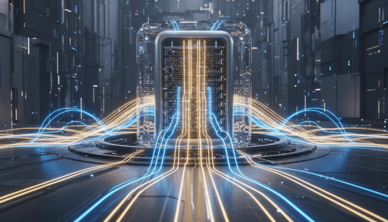 Infraestructura tecnológica de criptomonedas y finanzas descentralizadas con redes de luz digital sobre arquitectura moderna de servidores.