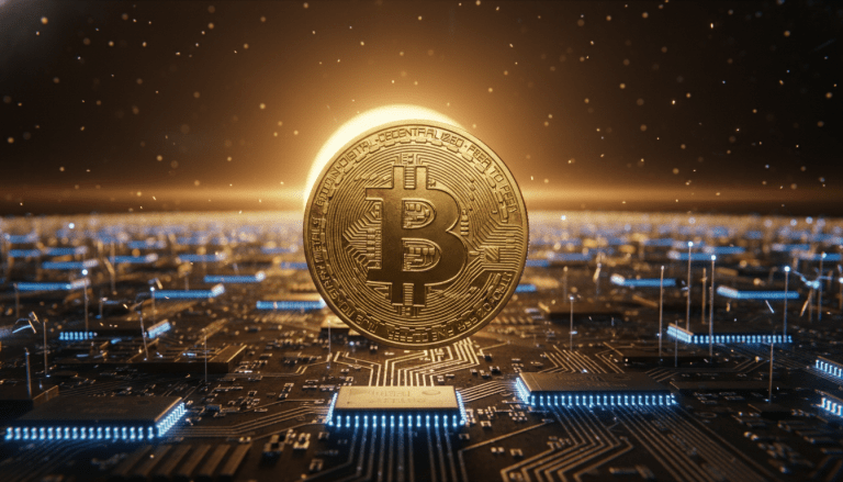 Moneda de Bitcoin dorada flotando sobre un horizonte digital iluminado por un amanecer cinematográfico, representando el oro digital.