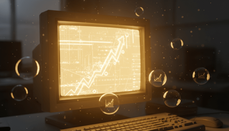 Representación artística de la burbuja de las puntocom con monitor retro, luz dorada y burbujas financieras flotando.