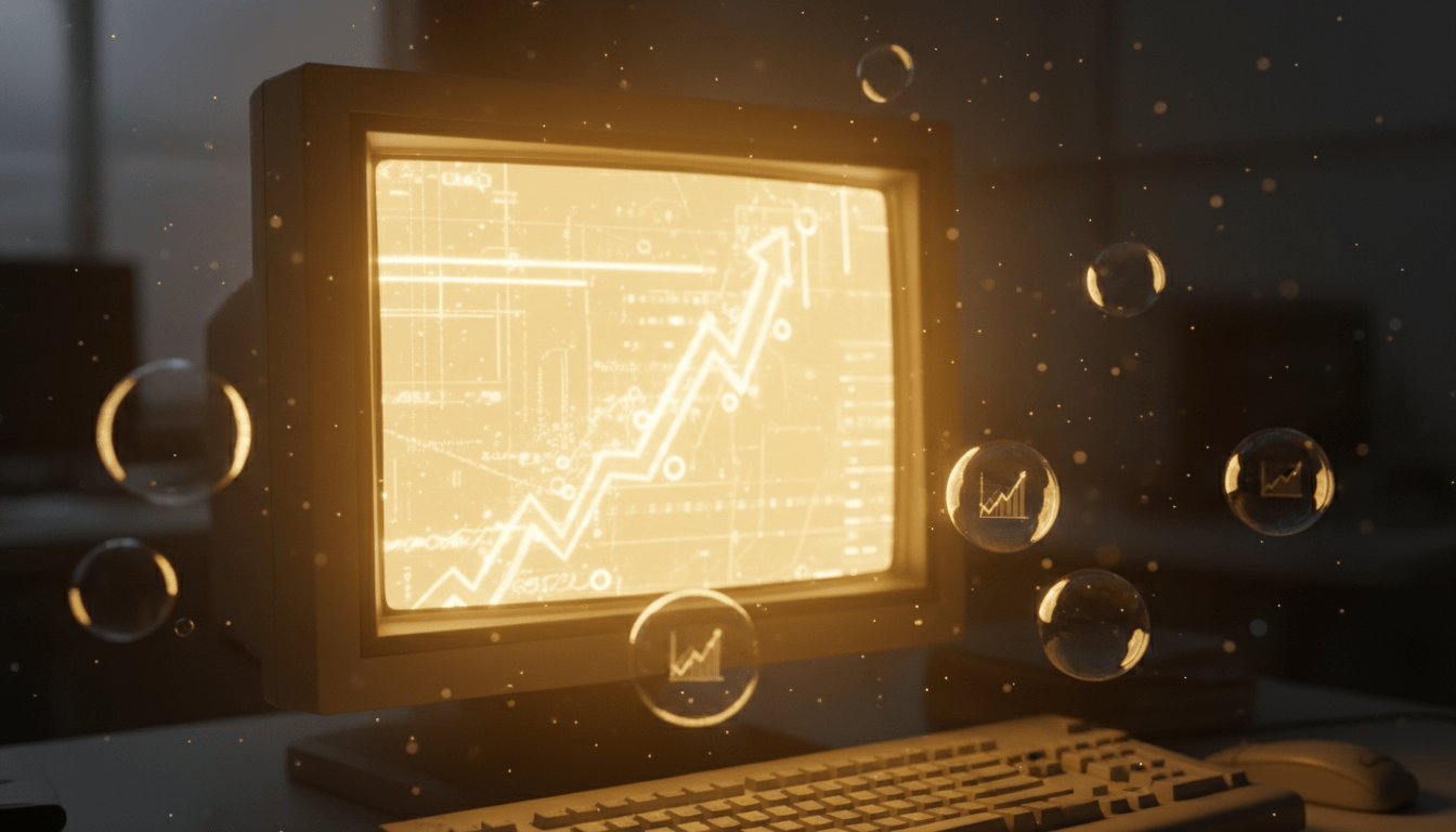 Representación artística de la burbuja de las puntocom con monitor retro, luz dorada y burbujas financieras flotando.