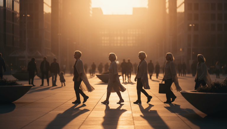 Representación del cambio demográfico global mostrando el predominio de la población mayor de 60 años en un entorno urbano moderno.