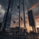 Rascacielos de cristal con grietas estructurales representando el colapso financiero de Enron.