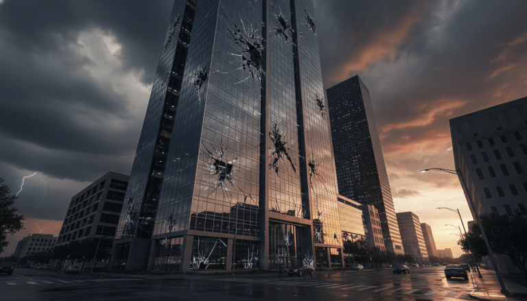 Rascacielos de cristal con grietas estructurales representando el colapso financiero de Enron.