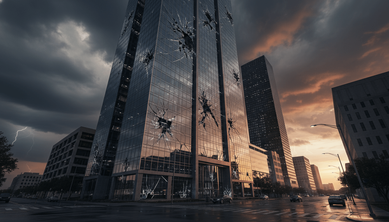 Rascacielos de cristal con grietas estructurales representando el colapso financiero de Enron.