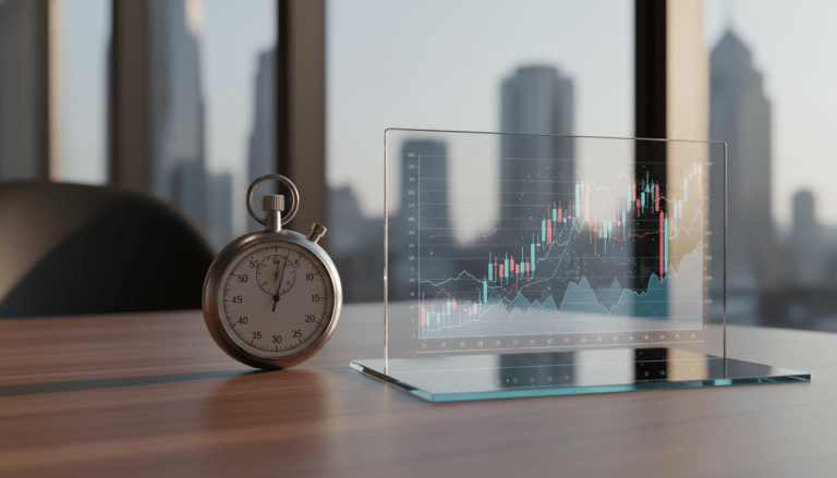 Representación conceptual de la diferencia entre ETFs y fondos indexados mediante tecnología financiera y relojería de precisión en un entorno profesional.