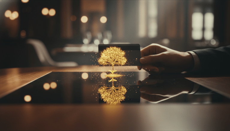 Concepto visual del costo de oportunidad mostrando una tarjeta de crédito y el reflejo de un árbol dorado creciendo como símbolo de inversión a largo plazo.