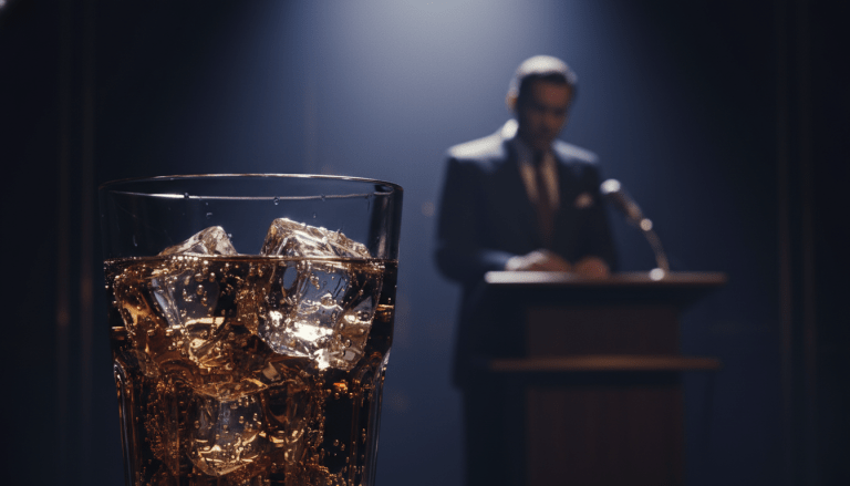 Primer plano de un vaso de cola con hielo bajo luz dramática representando el lanzamiento de la New Coke en 1985