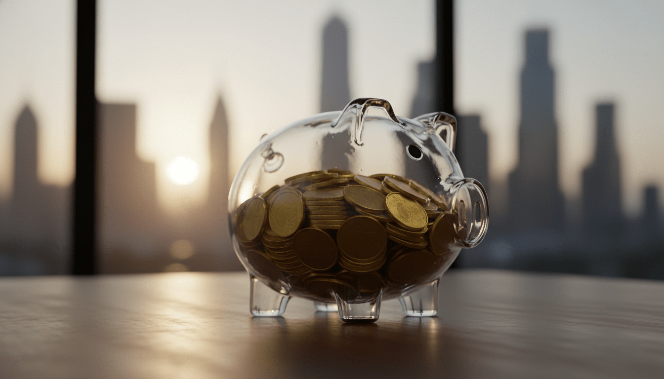 Alcancía de cristal con monedas de oro en un escritorio de oficina moderno representando el crecimiento de cuentas de ahorro de alto rendimiento.