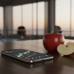 Smartphone con gráficos financieros y una manzana en rodajas sobre una mesa, representando la inversión en acciones fraccionadas y accesibilidad al mercado.