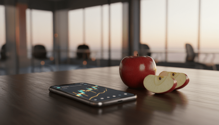 Smartphone con gráficos financieros y una manzana en rodajas sobre una mesa, representando la inversión en acciones fraccionadas y accesibilidad al mercado.