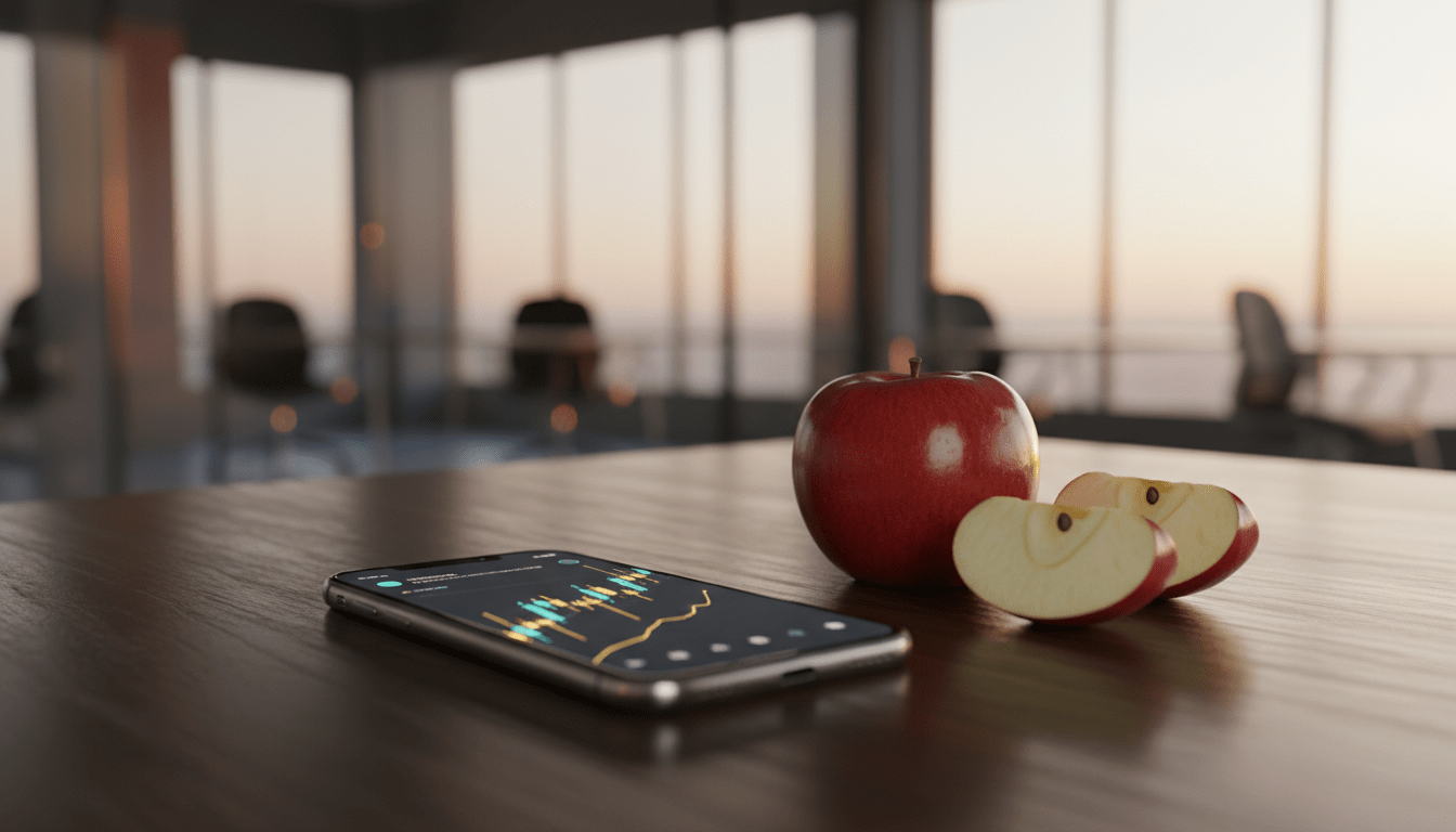 Smartphone con gráficos financieros y una manzana en rodajas sobre una mesa, representando la inversión en acciones fraccionadas y accesibilidad al mercado.