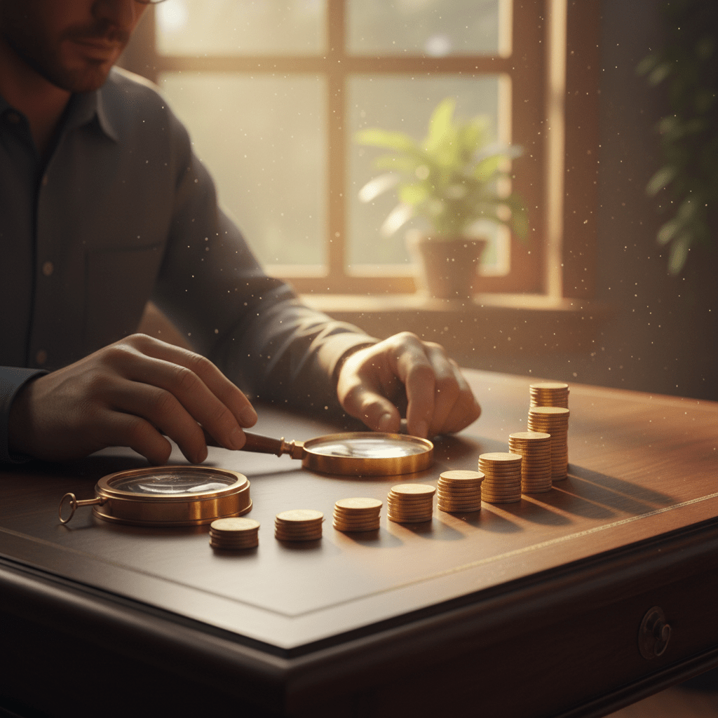 Persona organizando monedas y herramientas de precisión en un escritorio, representando el despertar de la conciencia financiera y la auditoría de gastos.