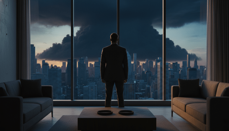 Persona frente a una ventana observando una gran sombra que representa la carga de la deuda pública mundial sobre la economía personal.