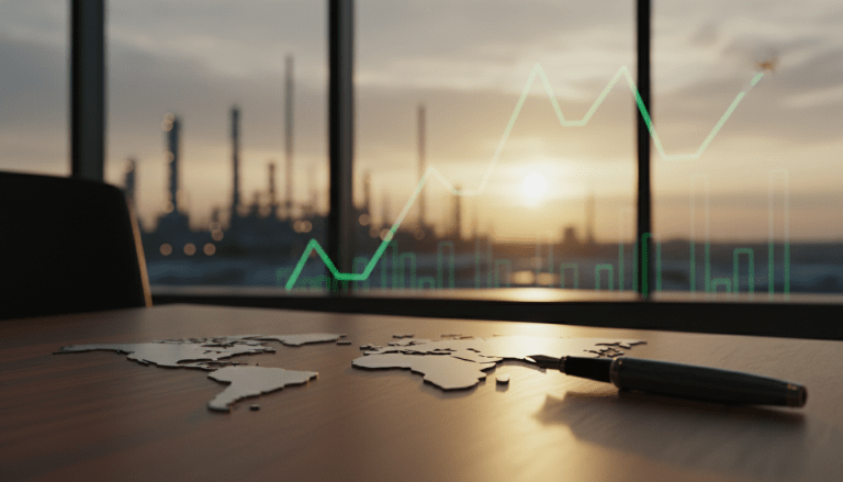 Gráficos financieros al alza y silueta de refinería petrolera al atardecer tras acuerdo diplomático en marzo de 2026.