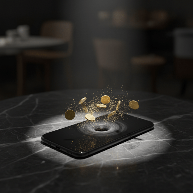 Metáfora visual de la economía de suscripción mostrando dinero digital siendo absorbido por un dispositivo móvil en un entorno oscuro y elegante.