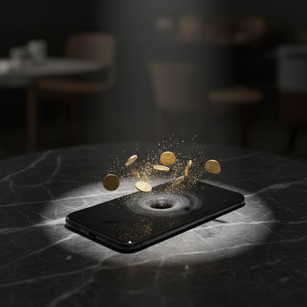 Metáfora visual de la economía de suscripción mostrando dinero digital siendo absorbido por un dispositivo móvil en un entorno oscuro y elegante.