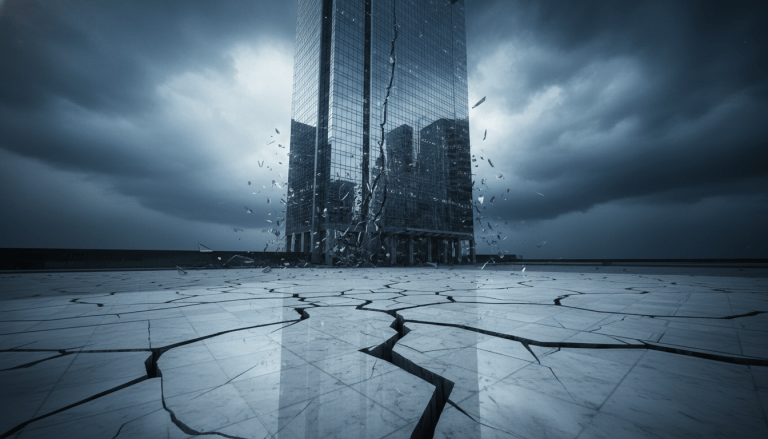 Rascacielos corporativo de cristal con grietas en la base simbolizando el colapso financiero y la falta de ética empresarial.