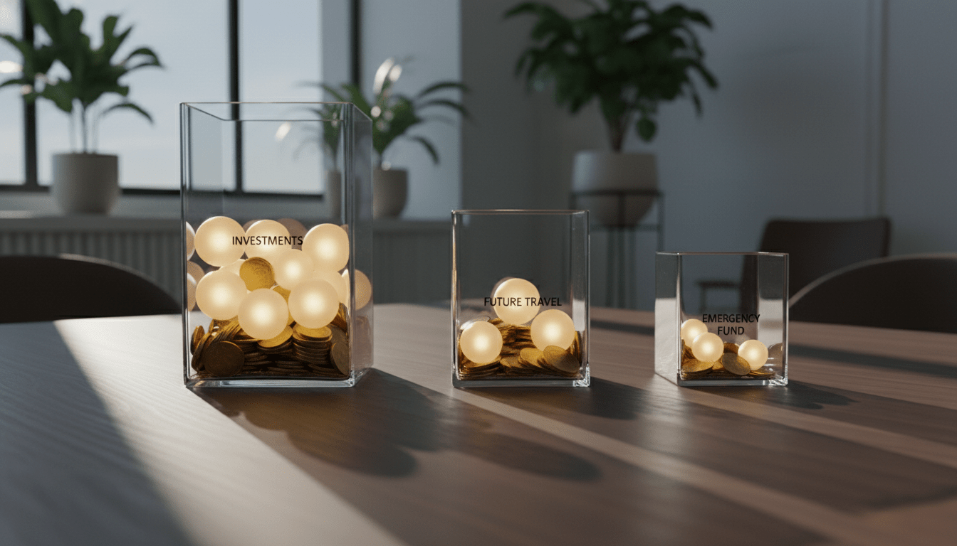 Representación visual de la compartimentación del ahorro mediante recipientes de cristal con monedas de oro sobre un escritorio.