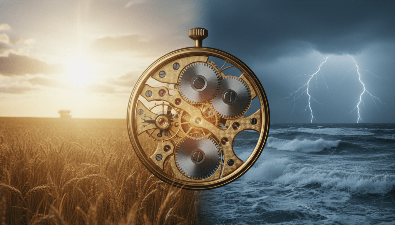 Mecanismo de reloj dorado equilibrado entre un día soleado y una tormenta económica representando la cartera All Weather de Ray Dalio