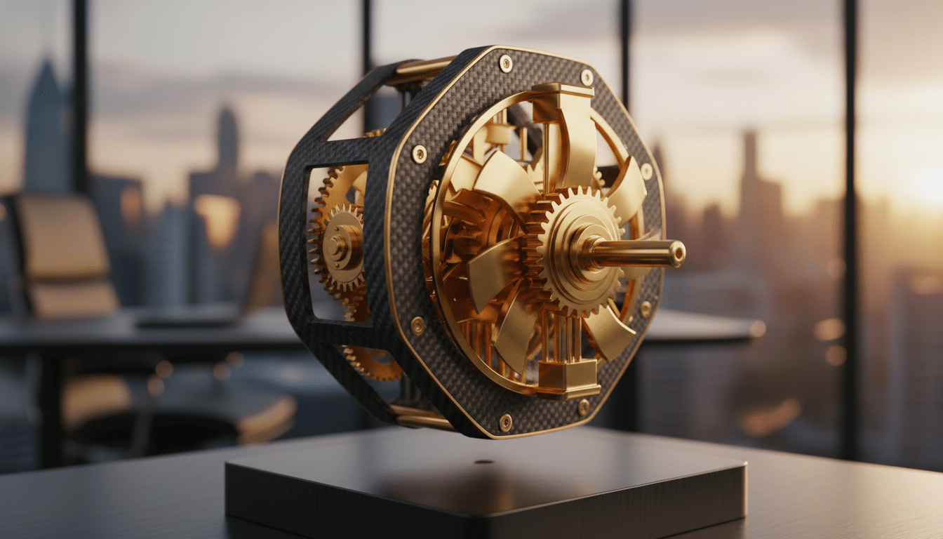 Metáfora visual del apalancamiento financiero y la deuda buena mediante un motor de oro en un entorno de inversión de lujo.