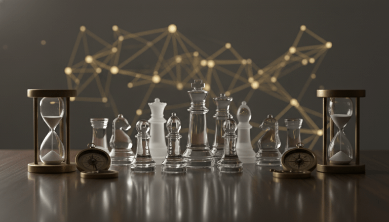 Composición conceptual de estrategia financiera con piezas de ajedrez y brújulas sobre escritorio de madera para ilustrar la diversificación de inversiones