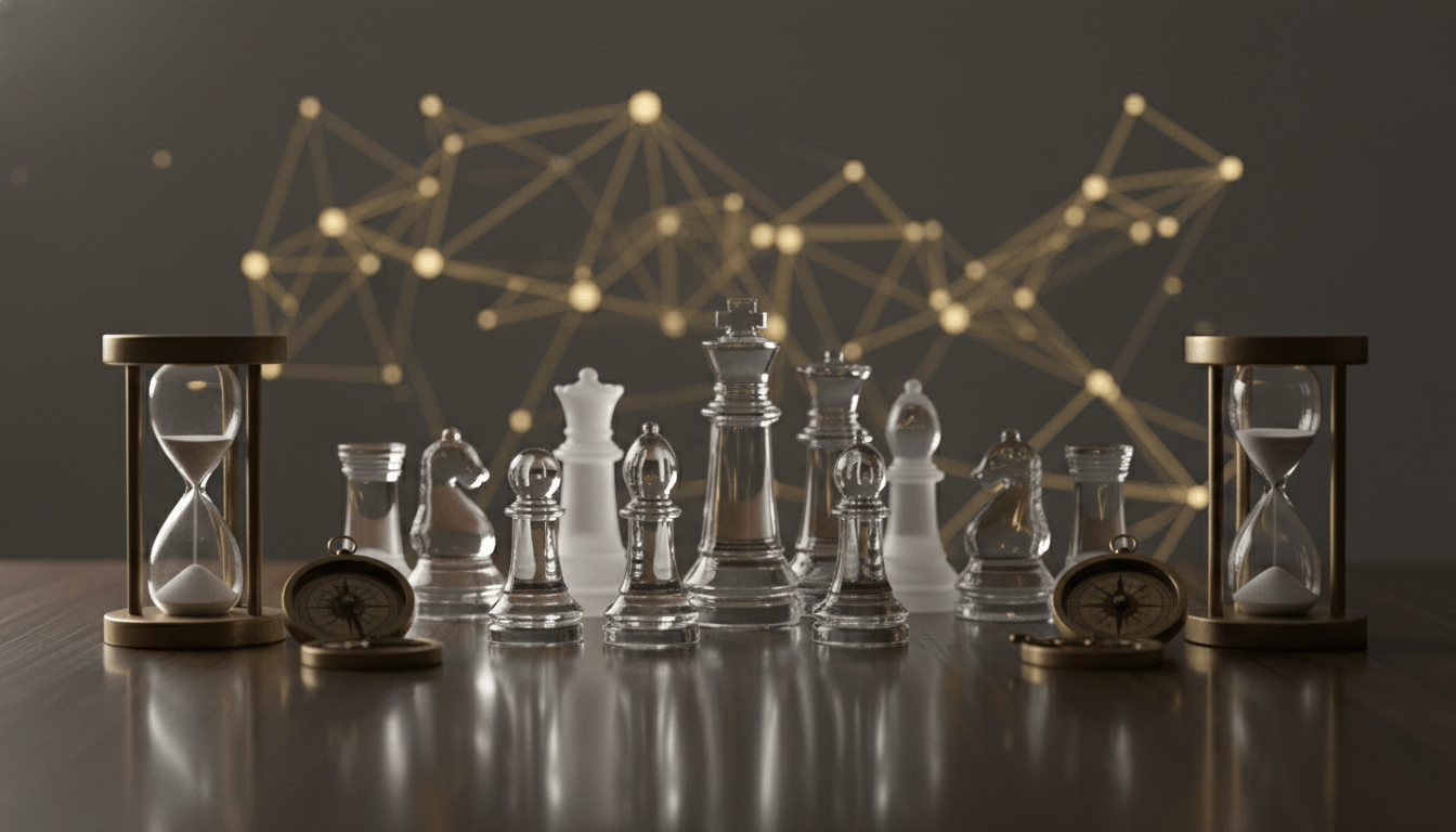 Composición conceptual de estrategia financiera con piezas de ajedrez y brújulas sobre escritorio de madera para ilustrar la diversificación de inversiones