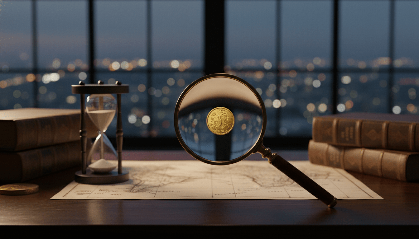 Primer plano de una lupa enfocando una moneda de oro sobre un mapa antiguo en un escritorio clásico, representando la búsqueda de valor en nichos de inversión.