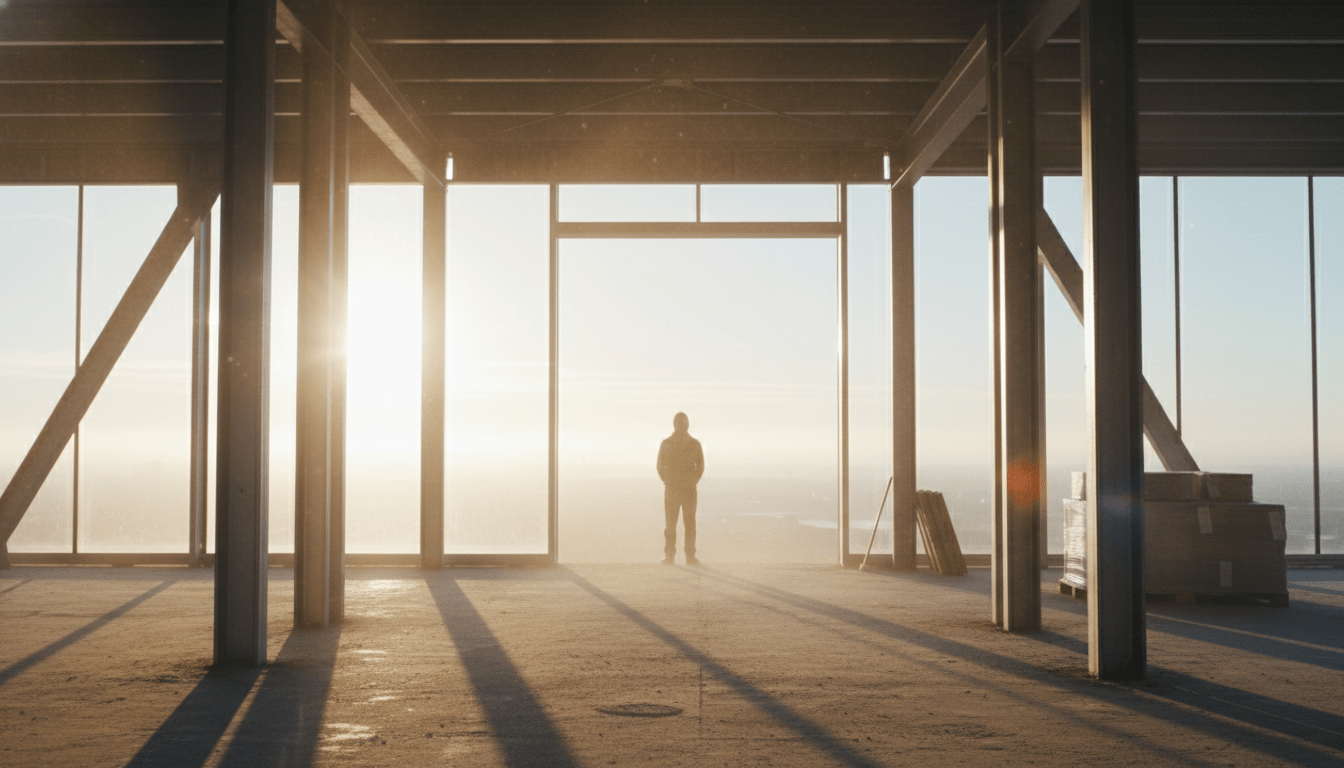 Persona observando un amanecer desde una estructura moderna en construcción que simboliza la reconstrucción financiera tras la bancarrota.