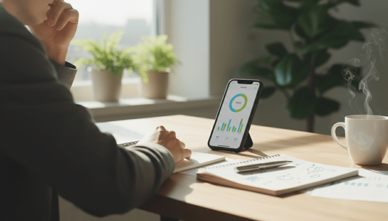 Persona analizando gastos y presupuesto mensual en un smartphone junto a un café para recuperar el control financiero.