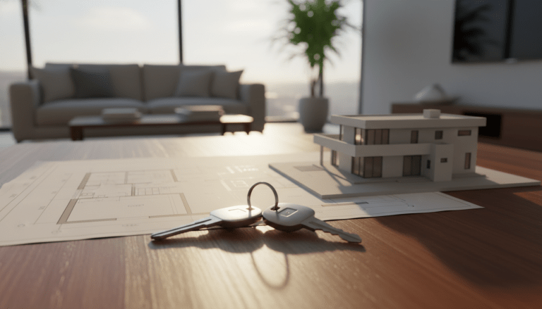 Llaves de vivienda sobre mesa de madera con planos arquitectónicos al fondo simbolizando el ahorro para la primera casa