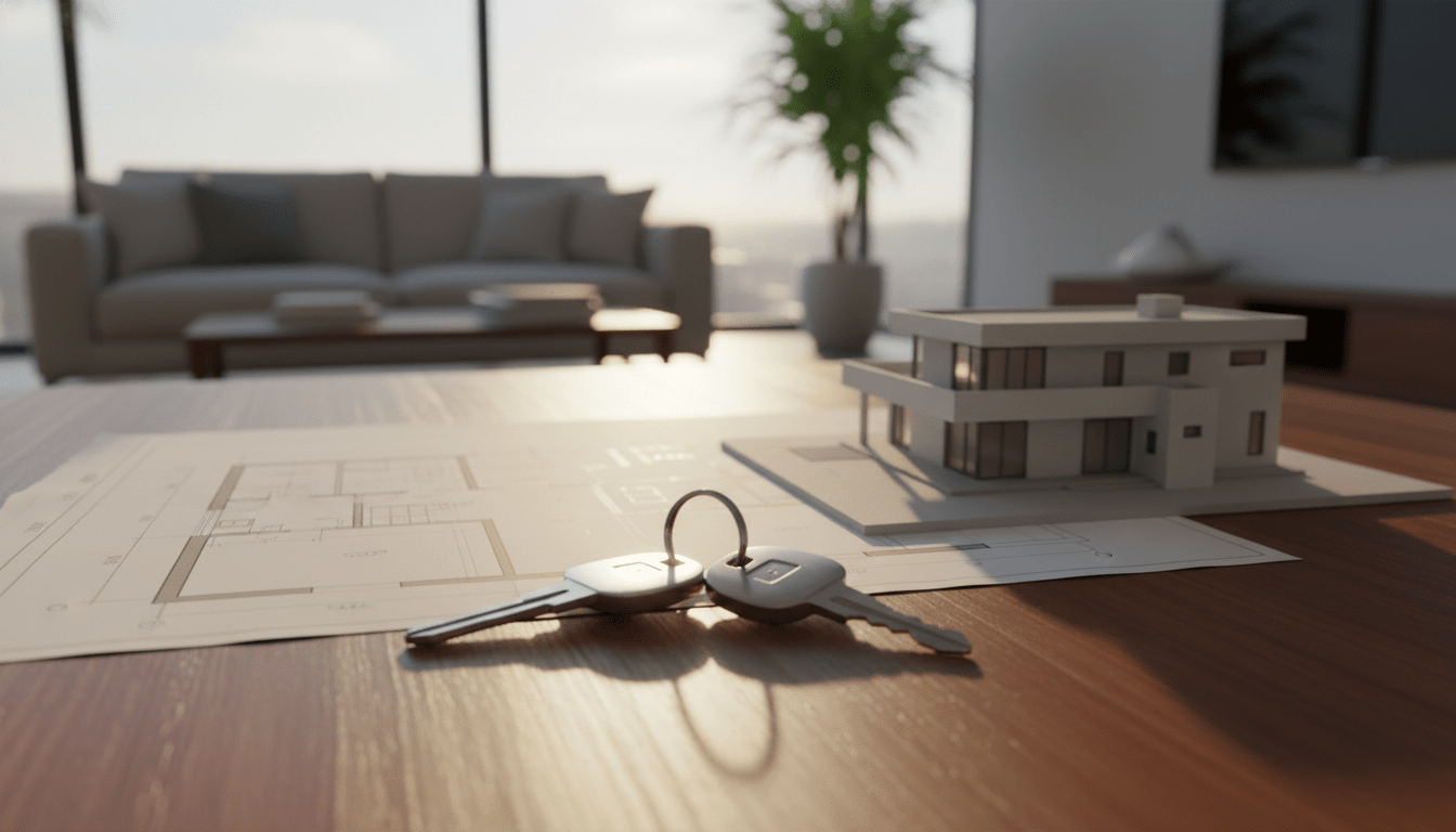 Llaves de vivienda sobre mesa de madera con planos arquitectónicos al fondo simbolizando el ahorro para la primera casa