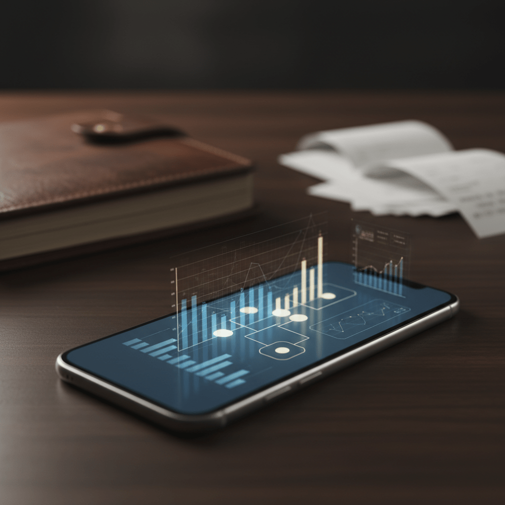 Smartphone con gráficos financieros digitales junto a libreta de cuero antigua y recibos, representando la evolución de la contabilidad manual a la digital.