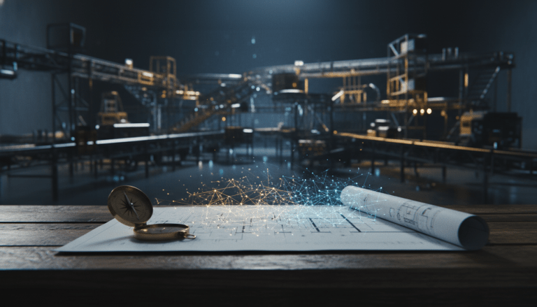 Representación conceptual de la visión a largo plazo y la evolución de Amazon desde una librería en un garaje hacia un imperio global.