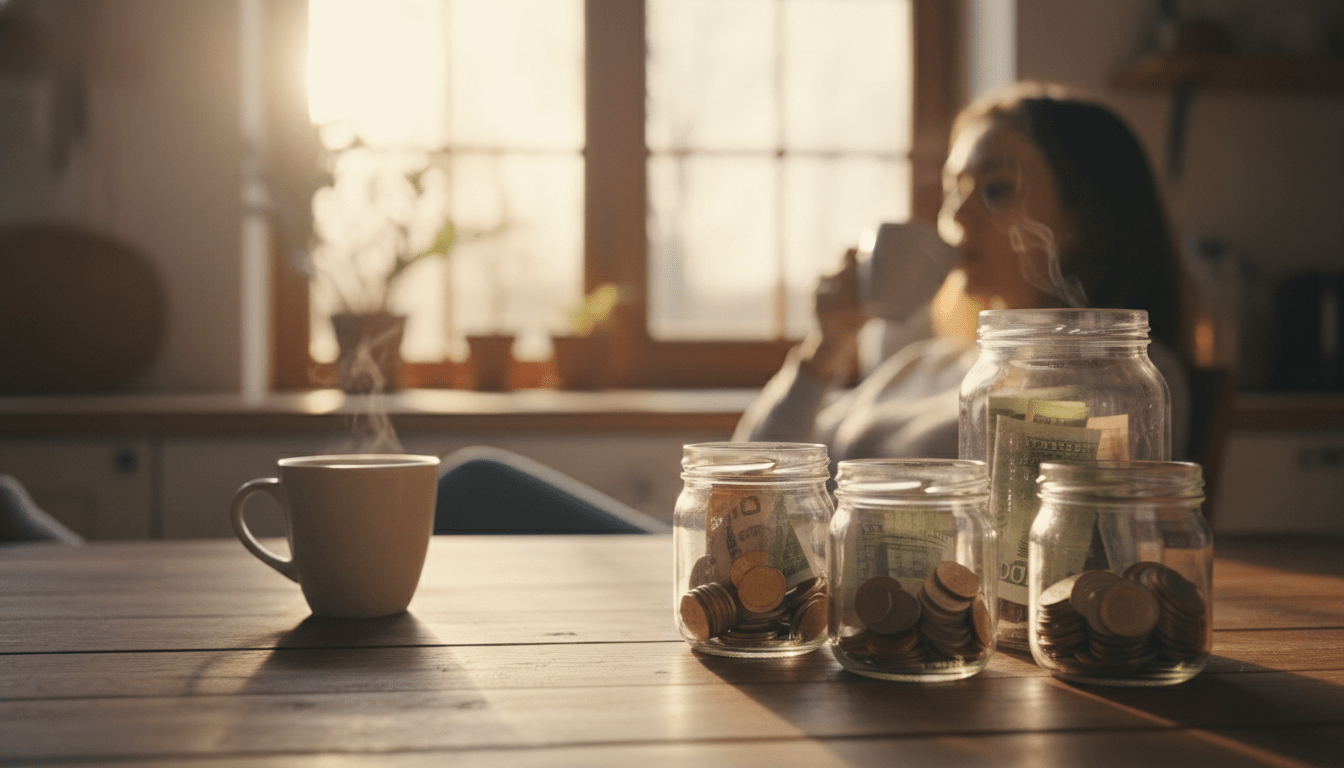 Persona organizando ahorros en frascos de cristal sobre una mesa de madera con café, representando el concepto de fondo de amortización y previsión financiera.