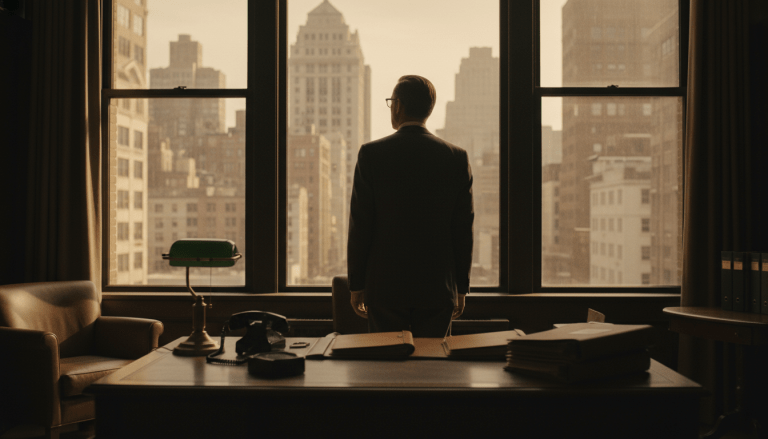 Hombre de negocios en oficina clásica de 1975 mirando los rascacielos de Wall Street, concepto de inversión indexada