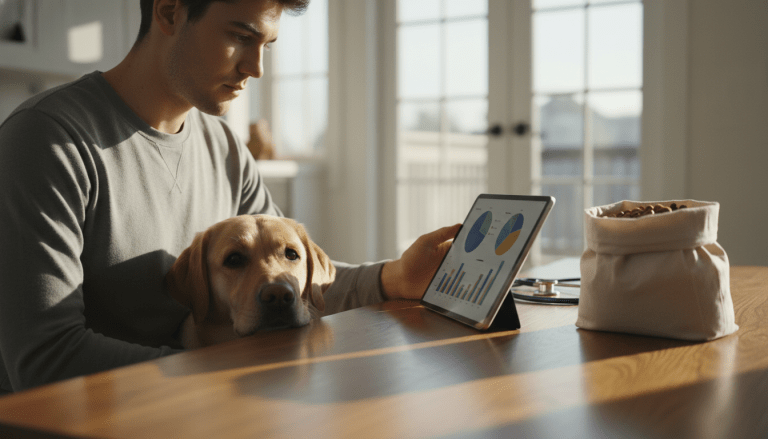 Persona analizando presupuesto de gastos veterinarios y alimentación junto a su perro en un salón iluminado.