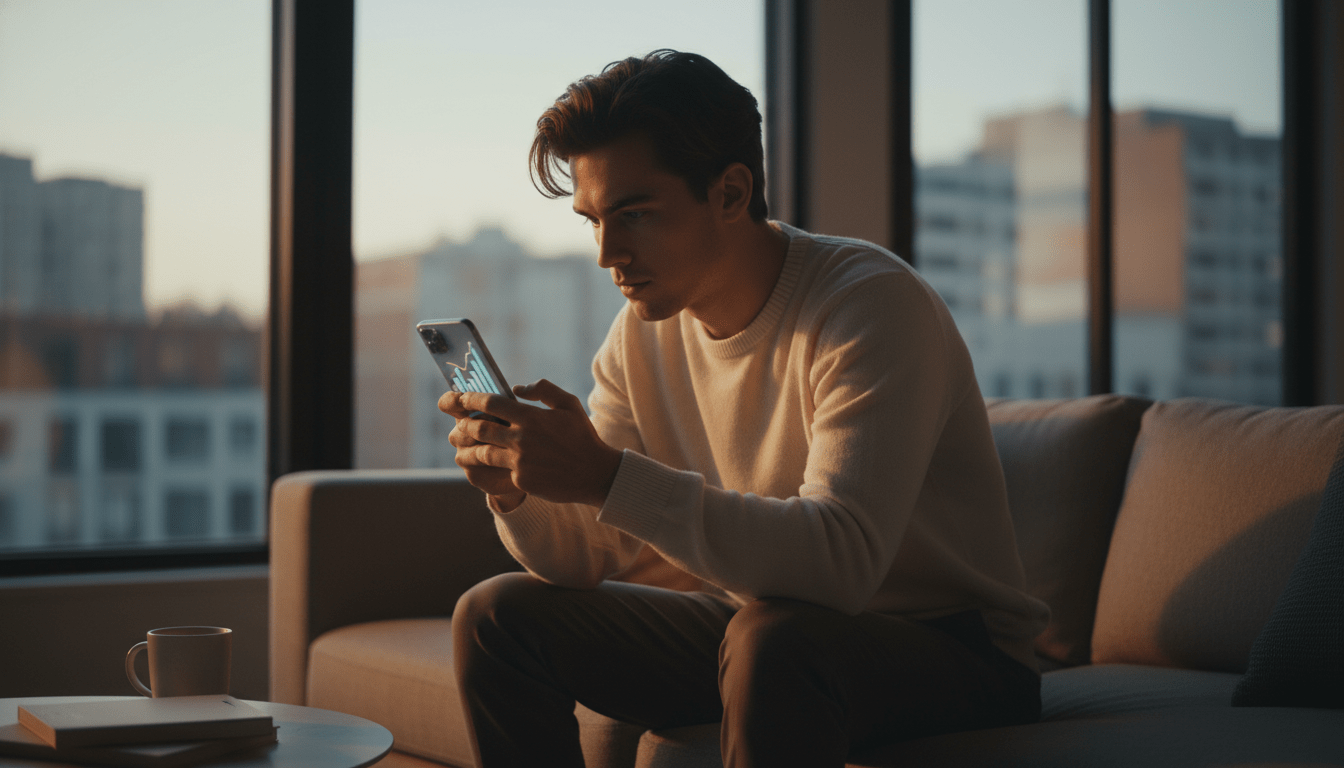 Joven de la Generación Z analizando gráficos de inversión financiera en su smartphone en un entorno moderno y tecnológico.