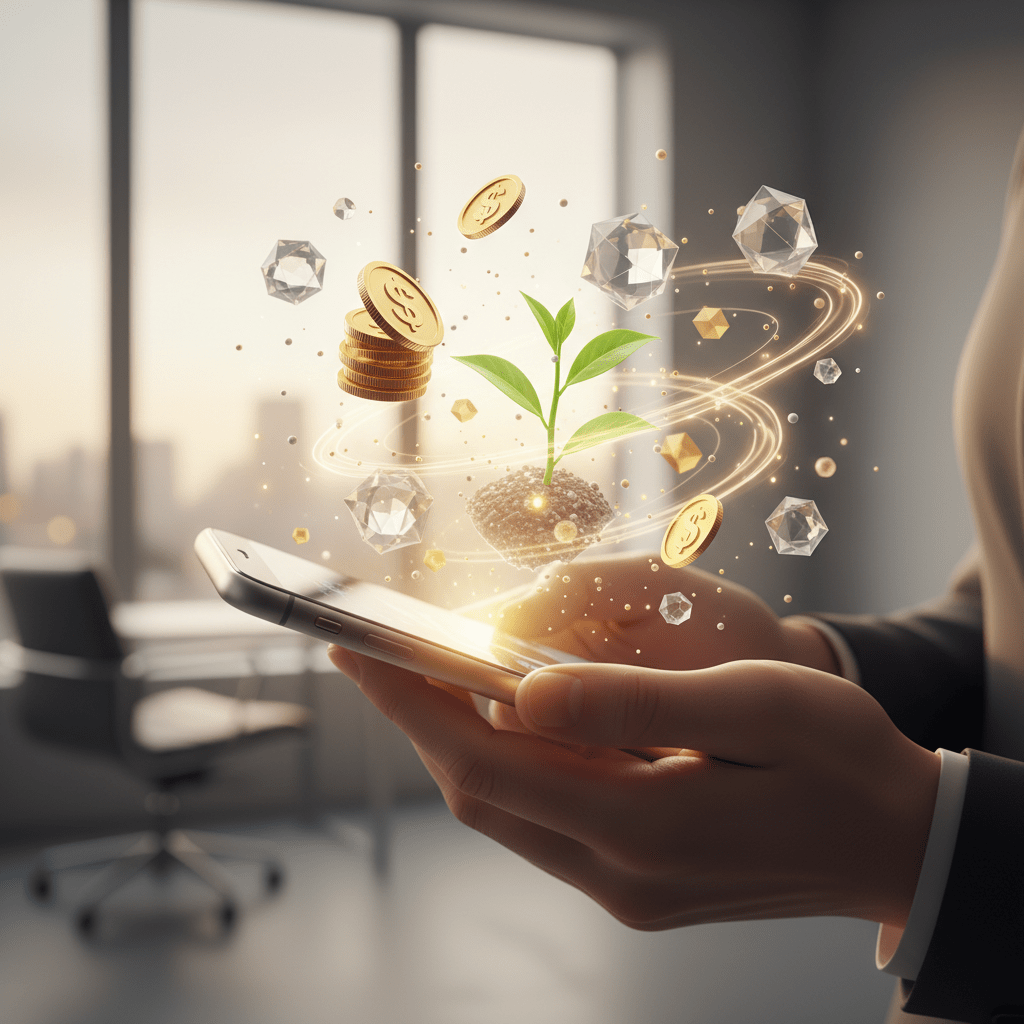 Persona gestionando sus finanzas personales de forma consciente con una aplicación móvil moderna y visualización de crecimiento económico.