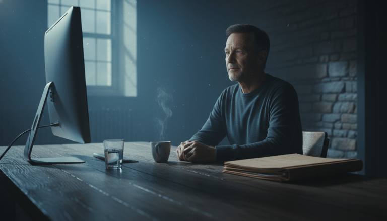 Hombre reflexionando frente a documentos financieros en una oficina hogareña durante el amanecer