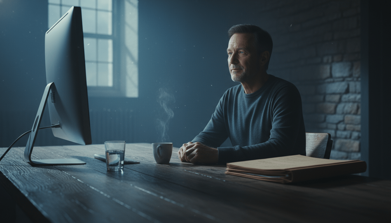 Hombre reflexionando frente a documentos financieros en una oficina hogareña durante el amanecer