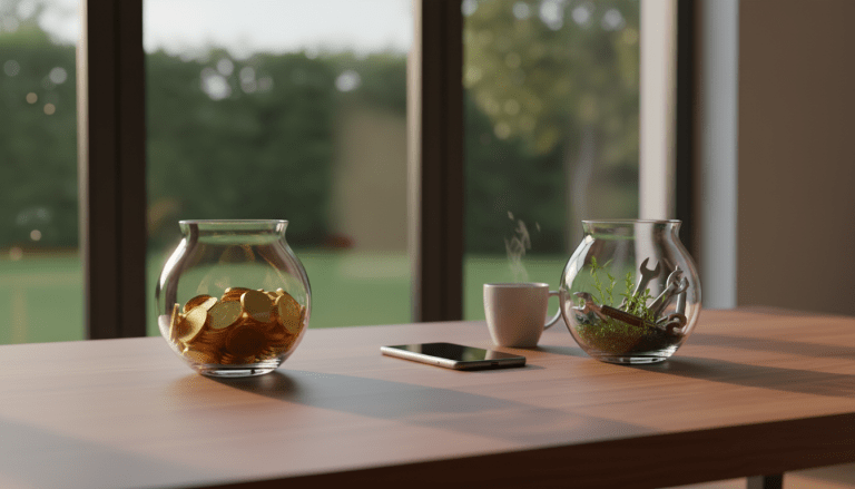 Escritorio organizado con dos recipientes de cristal simbolizando la separación de finanzas personales y de negocio para un side hustle.