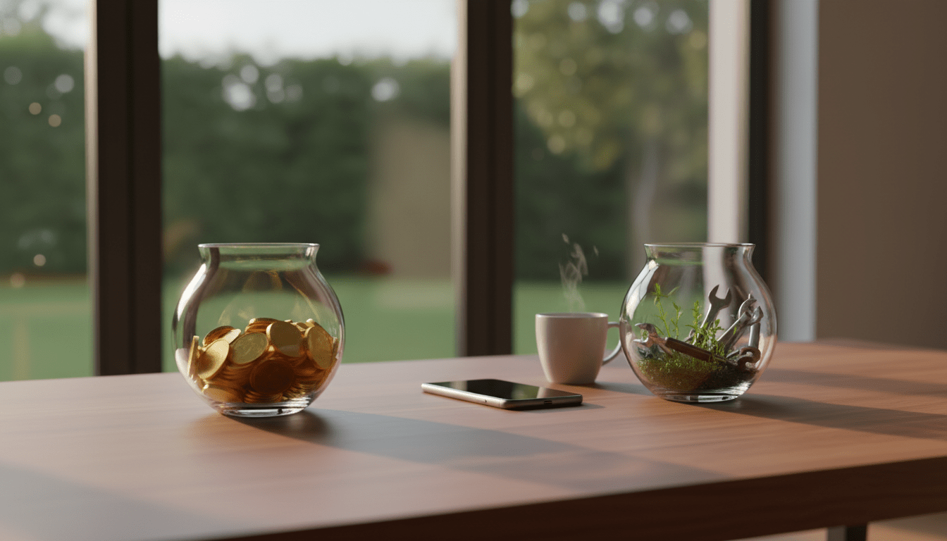 Escritorio organizado con dos recipientes de cristal simbolizando la separación de finanzas personales y de negocio para un side hustle.