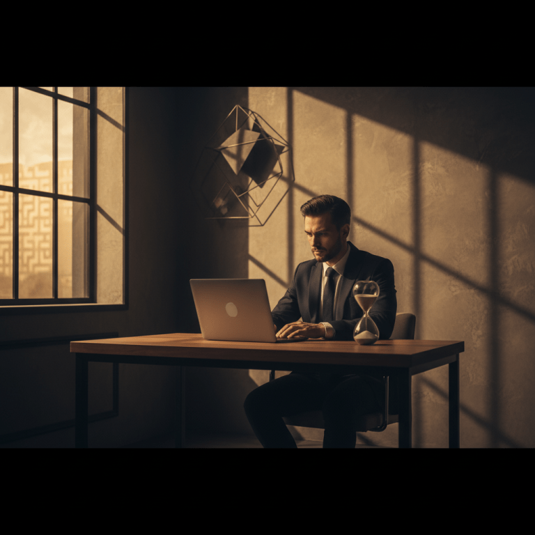Freelancer analizando finanzas en un escritorio minimalista con sombras de laberinto y un reloj de arena simbolizando ingresos variables.