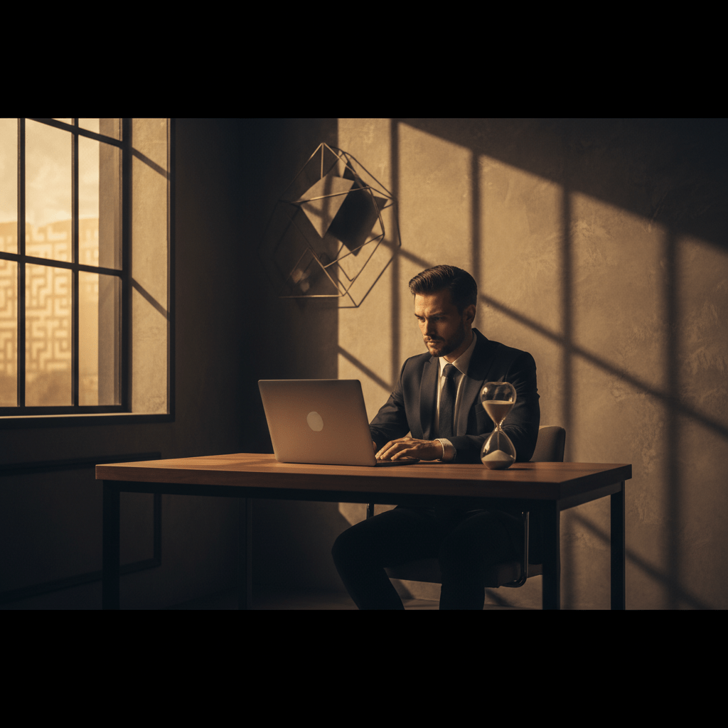 Freelancer analizando finanzas en un escritorio minimalista con sombras de laberinto y un reloj de arena simbolizando ingresos variables.
