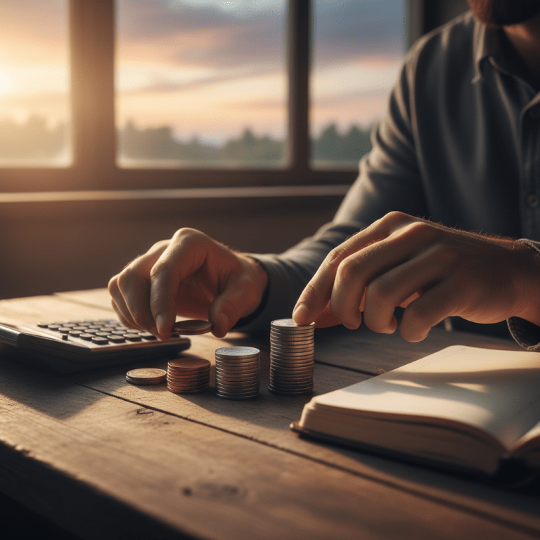 Persona organizando ahorros y presupuesto doméstico sobre un escritorio de madera para gestionar ingresos variables.